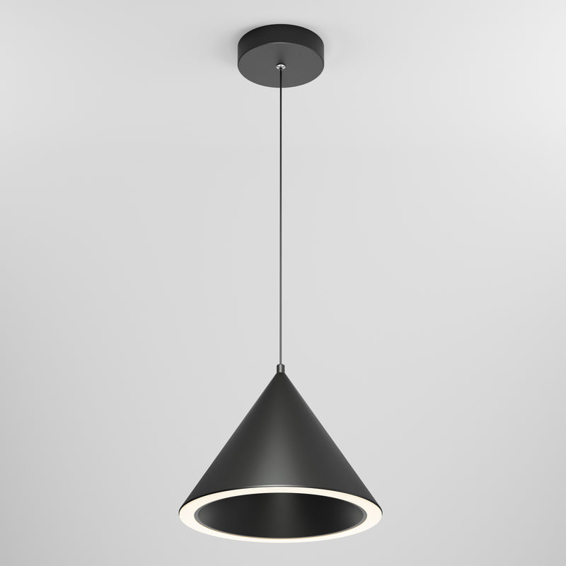 The Denali modern LED pendant light 3 CCT by Artika features a black cone-shaped shade suspended from a round ceiling mount on a slim cord, softly illuminating the lower rim against a plain white background.
