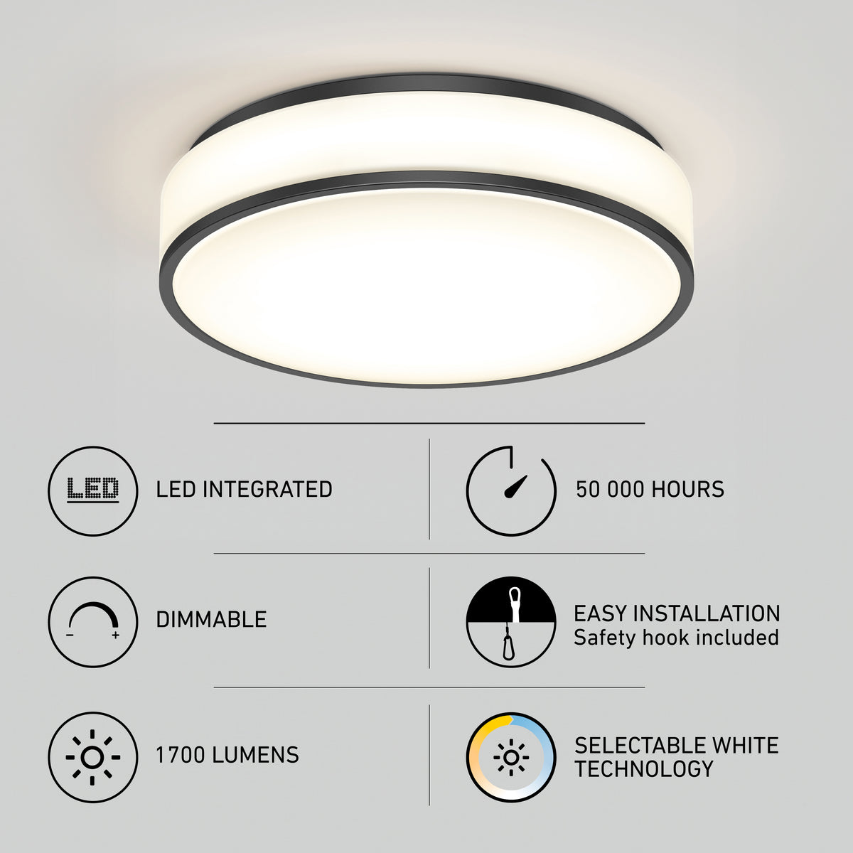 A round, modern ceiling light fixture is shown above icons and text highlighting features: LED integrated, 50,000 hours lifespan, dimmable, easy installation, 1700 lumens, and selectable white technology.