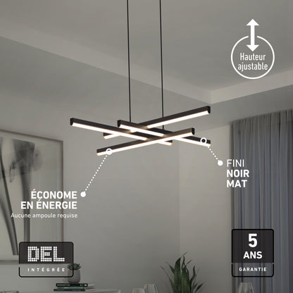 Artika Grid LED pendant light with intersecting matte black bars, featuring an adjustable height, energy efficiency, and a five-year warranty.