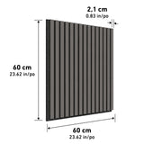 A square acoustic panel with vertical slats, measuring 60 cm by 60 cm (23.62 in by 23.62 in), and a thickness of 2.1 cm (0.83 in). Arrows indicate the dimensions on each side.