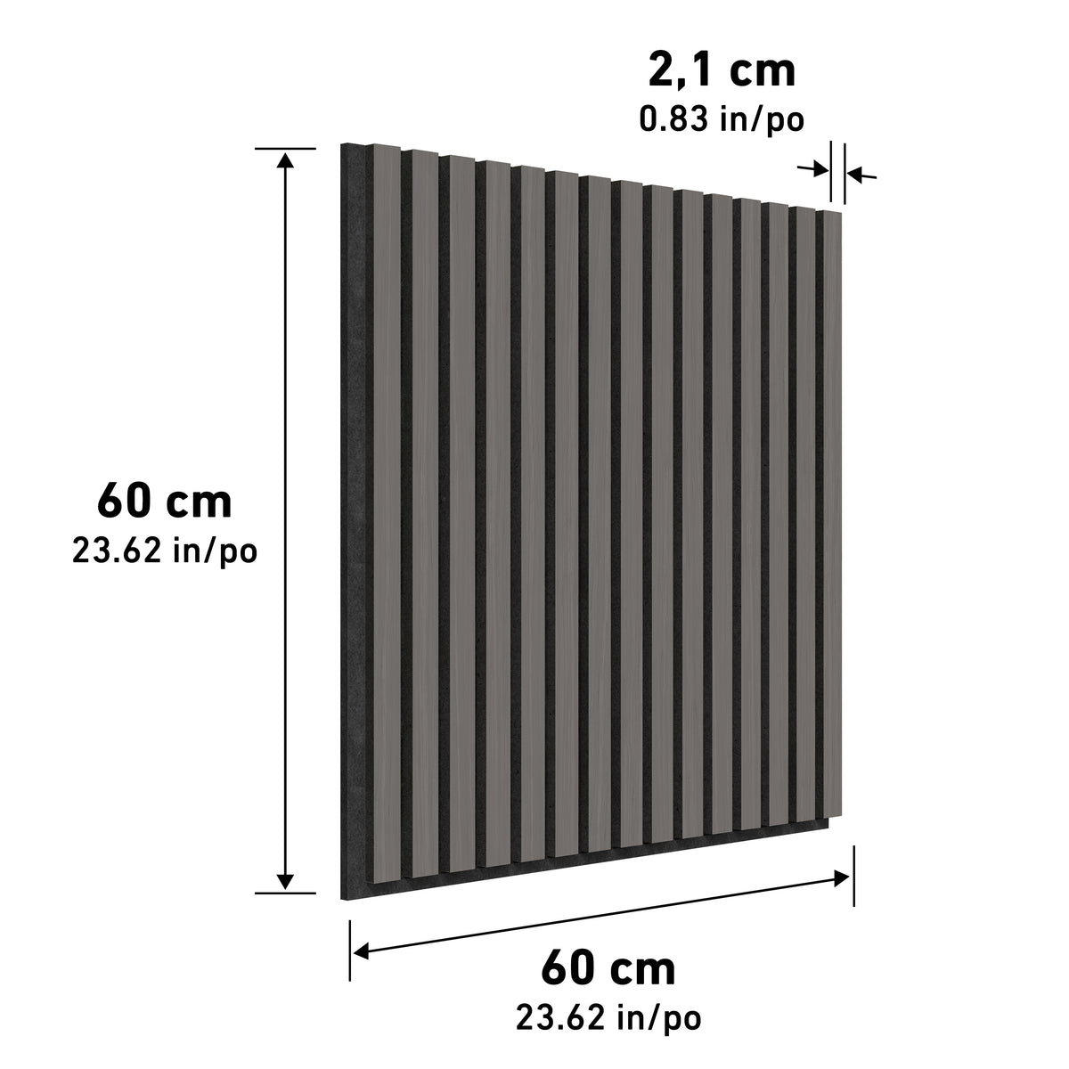 Artika Sonolok 15.5 ft sound-absorbing wall panel kit (4-pack) features square panels with vertical black and gray slats, each measuring 60 x 60 cm (23.62 x 23.62 in) and 2.1 cm (0.83 in) thick, shown on a white background with labeled dimensions.