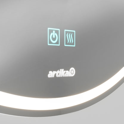 Close-up of the Artika Mateo 28 in. LED mirror’s sleek gray touch control panel, featuring illuminated power and heat icons, brand logo, defogger, and a curved LED light at the bottom edge.