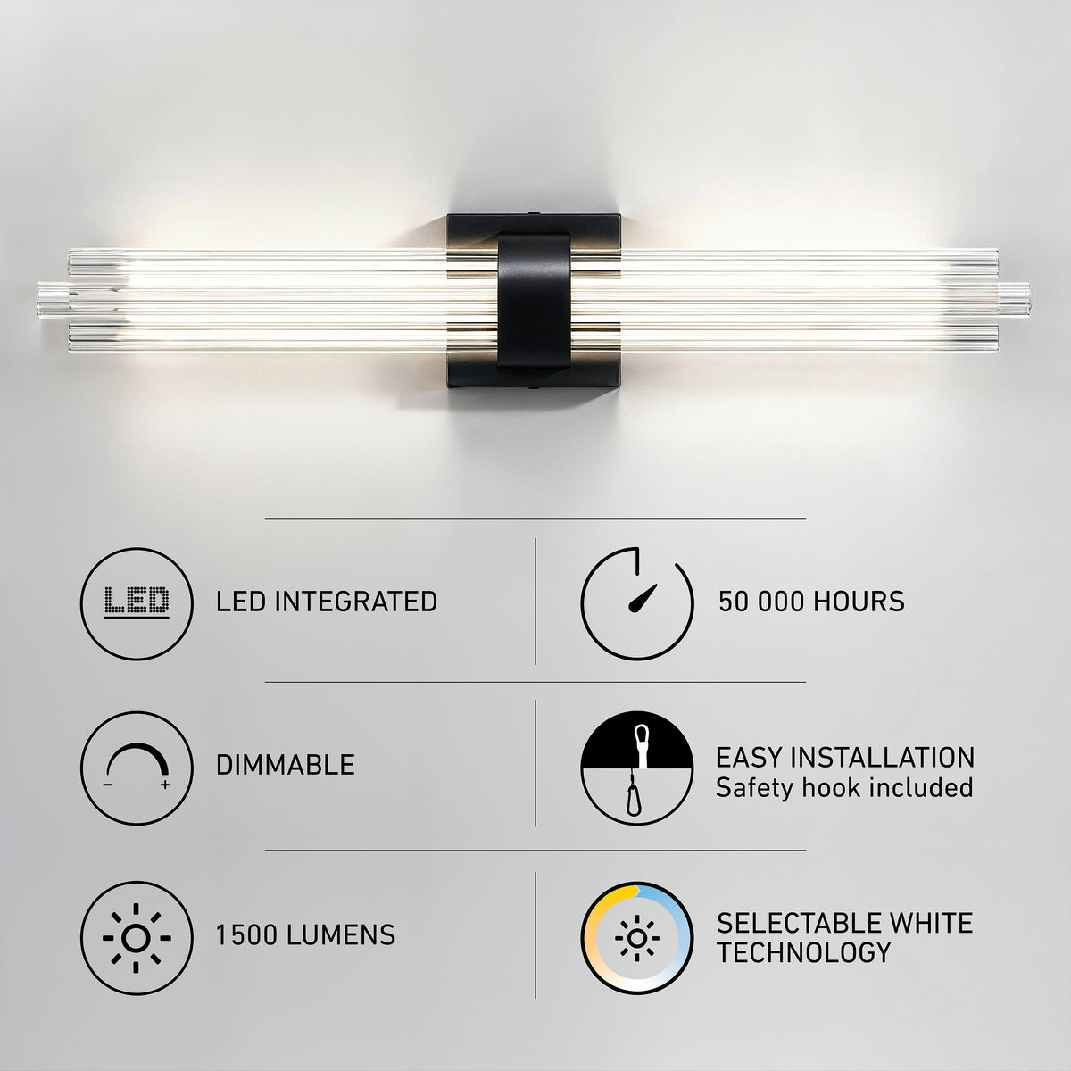 Artika Dorado 27″ LED Wall Vanity 5CCT: sleek, modern design with clear rods; ideal as a contemporary vanity light.