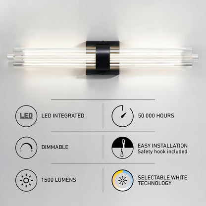 Artika Dorado 27″ LED Wall Vanity 5CCT: sleek, modern design with clear rods; ideal as a contemporary vanity light.