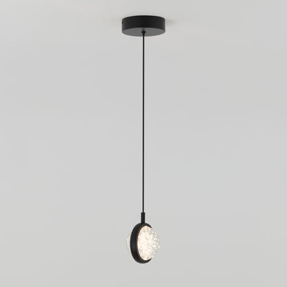 The Artika Avalon LED 1-light pendant features a black circular canopy, a slim black cord, and a round textured glass shade, shown hanging from the ceiling against a plain white background.