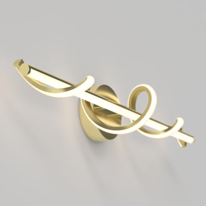 The Artika Coda modern LED bathroom vanity light 5 CCT features a gold base and an LED tube with decorative, looping curves for an artistic look, perfect as a wall-mounted light fixture against neutral backgrounds.