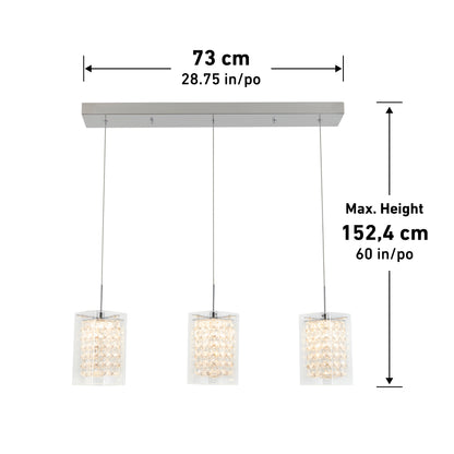 The Artika Crystal Cube 3-light LED pendant light features three hanging glass lamps on a rectangular fixture, measuring 73 cm (28.75 in) wide with a max hanging height of 152.4 cm (60 in); dimensions shown in cm and inches.