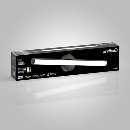 A black rectangular box for the Artika Ewen modern LED bathroom vanity light 5 CCT, displaying an image of the fixture along with details like brightness, energy usage, and certifications on the packaging.