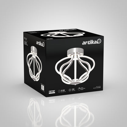 Sleek black box packaging for the Artika Meridian LED flush mount light displays the sculptural fixture, brand name, and product details in white text on a glossy background.