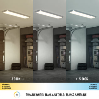 Artika’s Europa 48 LED flush mount light is shown in a garage with a closed door, tires, and shelves. Three panels display its adjustable color temperatures—warm white (3000K), neutral, and cool white (5000K)—using the included remote.