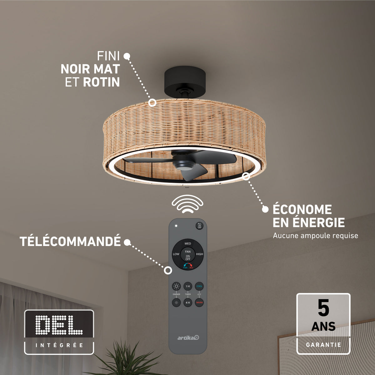 Artika Kalani 24″ LED fandelier ceiling fan with remote, modern design, energy-saving, 5-year warranty.
