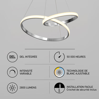 Artika Mora 28″ LED Pendant, 5CCT—dimmable, 2 rings, adjustable color temp. Modern French design with icons.