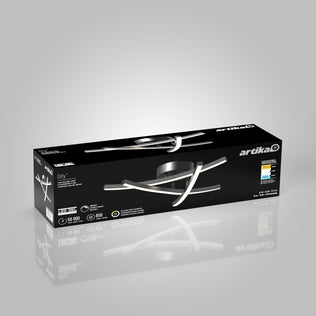 A black Artika Orly modern LED flush mount light (3 CCT) is shown on a reflective surface.