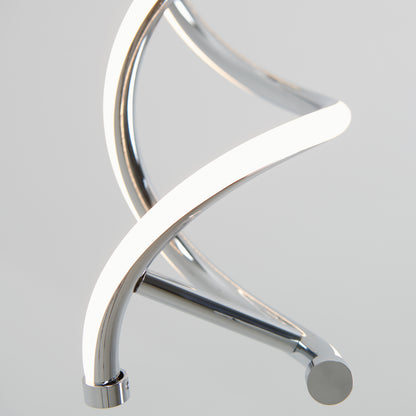 Close-up of the Artika DNA LED pendant light, featuring a sleek chrome finish and integrated LEDs glowing along its spiral structure, set against a plain light gray background.