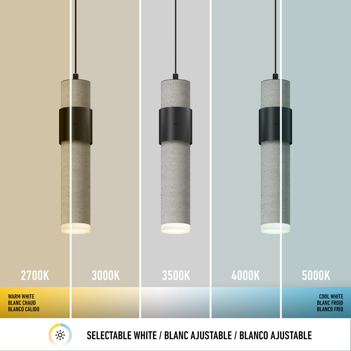 An image of the Artika Barden 3-light LED pendant shows five color temperatures (2700K–5000K), with text and gradients transitioning from yellow to white to blue, illustrating its adjustable warm-to-cool lighting.