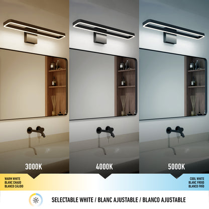The Artika Hinge LED modern bathroom vanity light 3 CCT illuminates a mirror in warm white (3000K), neutral white (4000K), and cool white (5000K); a faucet and shelves are also visible beside the mirror.