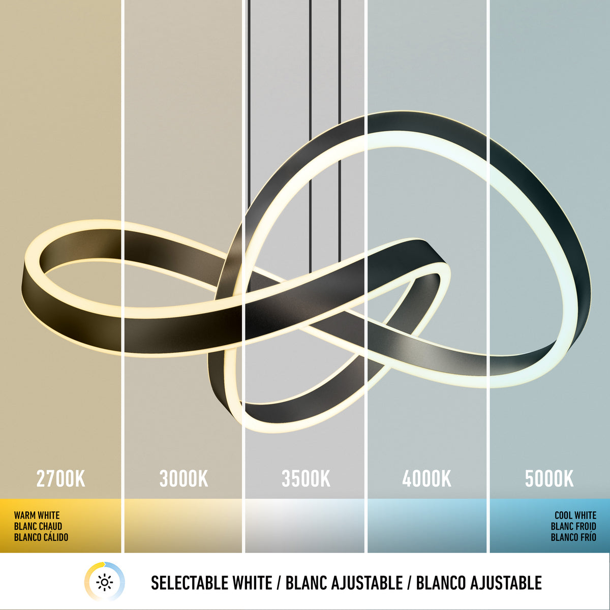The Artika Bolero LED pendant light 5 CCT is displayed under five color temperatures, from warm white (2700K) to cool white (5000K), with icons and labels highlighting each setting.