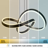 A modern looped LED pendant light displays five different color temperatures: 2700K, 3000K, 3500K, 4000K, and 5000K, ranging from warm white to cool white, with corresponding color sections and labels.