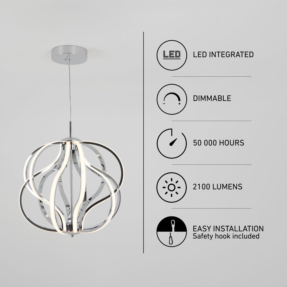 Modern LED pendant light with a sculptural, looped design hangs from the ceiling. Side graphics highlight features: LED integrated, dimmable, 50,000 hours lifespan, 2100 lumens, and easy installation with a safety hook.