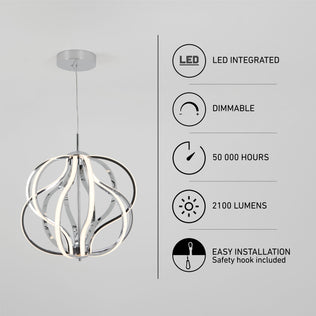The Artika Meridian LED pendant light features a spherical, twisted design with a sleek chrome finish. It’s dimmable, delivers 2100 lumens, lasts 50,000 hours, and installs easily with a safety hook included. LED integration by Artika.