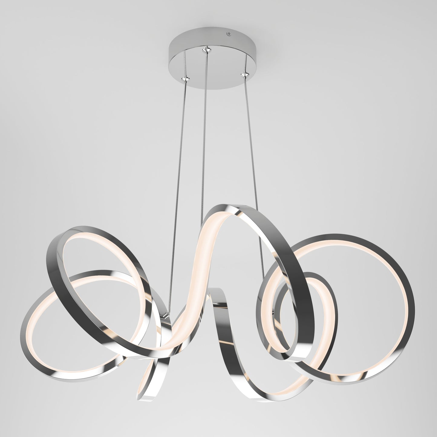 The Swirl Ribbon LED pendant light by Artika-CAN-dev features intertwining, looping LED strips and a matte black finish, suspended by three thin wires from a round ceiling mount against a plain white background.