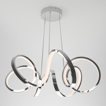 The Artika Swirl Ribbon LED pendant light features intertwined chrome bands with integrated LEDs, suspended by three thin wires from a round metallic base, shown against a plain white background.