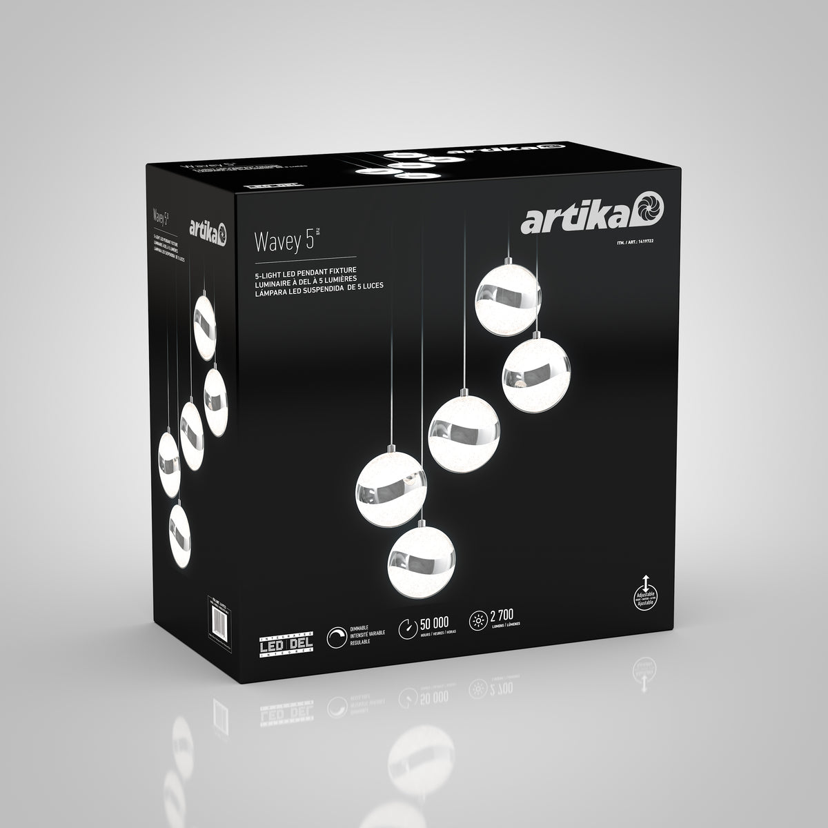 A black box for the Artika Wavey 5 LED pendant fixture shows an image of five modern hanging lights in a row. The packaging features product details and icons on a gray background.
