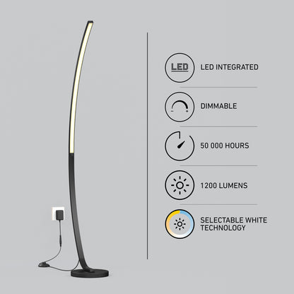 An Artika Arc LED Floor Lamp is plugged into a wall. Text highlights its integrated LED, dimmability, 50,000-hour lifespan, 1200 lumens brightness, and selectable white technology—each feature shown with an icon.