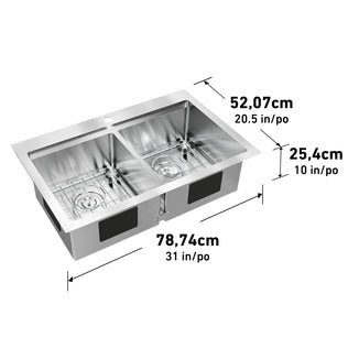 The Artika Newport double bowl stainless steel sink measures 78.74 cm (31 in) wide, 52.07 cm (20.5 in) deep, and 25.4 cm (10 in) high.
