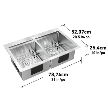 The Artika Newport double bowl stainless steel sink measures 78.74 cm (31 in) wide, 52.07 cm (20.5 in) deep, and 25.4 cm (10 in) high.