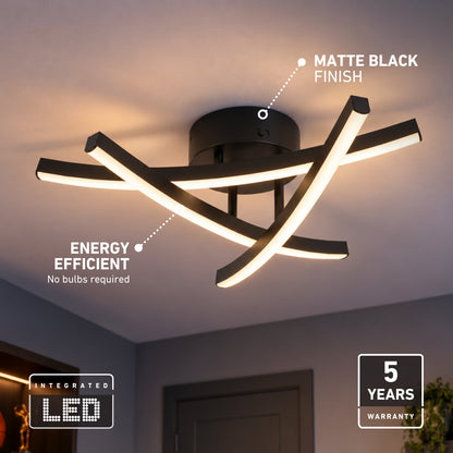 Artika Orly 18 in. Modern LED Flush Mount Ceiling Light with three curved arms, matte black finish, energy-efficient design, and a 5-year warranty.