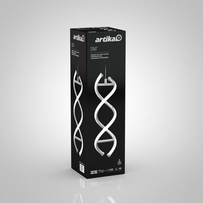 A black Artika box for the DNA LED pendant light displays a large image of the modern, double-helix-shaped fixture on the front and sides, with white product details.