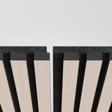 Minimalist image showing two sets of parallel vertical light wood slats with black edges, set against a white background, separated by a narrow vertical gap in the center.