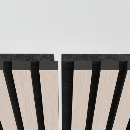 A close-up of two parallel Artika Sonolok 15.5 ft sound-absorbing wall panel kits with black backing, separated by a narrow gap, set against a plain white background.