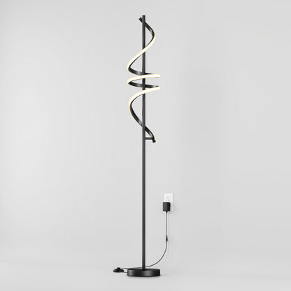 The Artika Coda modern LED floor lamp 5CCT features a spiral LED design, dimmable settings, and a round base, shown plugged in against a plain light gray background.