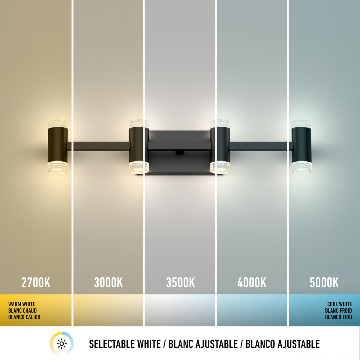 A wall light fixture displayed with five segments, each showing different color temperatures from warm white (2700K) to cool white (5000K), demonstrating selectable white lighting options.