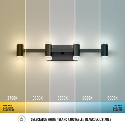 The Artika Mist modern LED bathroom vanity light 5 CCT is displayed in five color temperatures: 2700K, 3000K, 3500K, 4000K, and 5000K. Shades range from warm to cool white. Selectable white text appears below.
