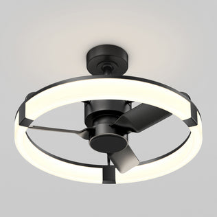 The Artika Sunnyvale 23 in. LED modern fandelier features three black blades, a circular light, and a remote—mounted on a white ceiling.