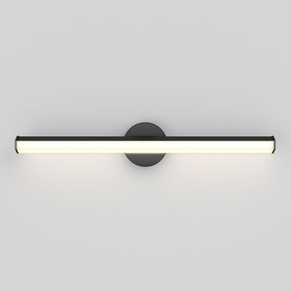 The Artika Ewen modern LED bathroom vanity light 5 CCT features a sleek horizontal design with a black circular base, offering customizable white lighting for a contemporary touch against any plain white wall.