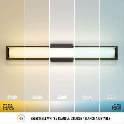 The Artika Venicia LED Wall Sconce features selectable white color temperatures: 2700K, 3000K, 3500K, 4000K, and 5000K, letting you shift effortlessly from warm to cool lighting. Text at bottom: Selectable White / Blanco Ajustable.