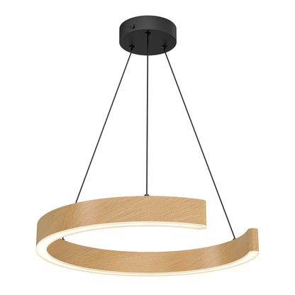A modern pendant light with a curved, open circular wooden frame suspended by three black wires from a round black ceiling mount. The inner edge of the frame features a built-in LED light strip.
