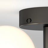Close-up of a modern ceiling light fixture with a black circular base and a round white glass globe, against a plain white background.