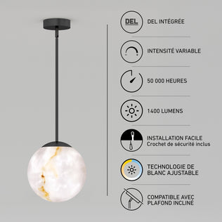 Artika Selena LED pendant: marble-like globe, 3 CCT, dimmable, 50,000-hour life—ideal for kitchen islands.