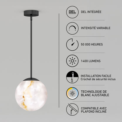 Artika Selena LED pendant: marble-like globe, 3 CCT, dimmable, 50,000-hour life—ideal for kitchen islands.
