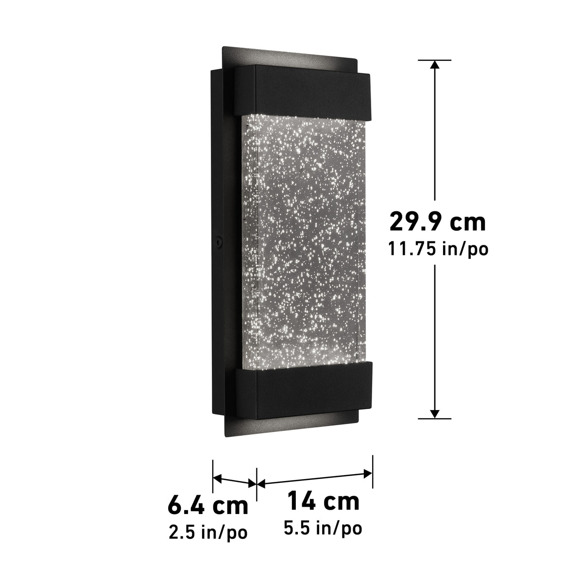 Rectangular black wall sconce with a textured, glittery center panel. Dimensions shown: height 29.9 cm (11.75 in), width 14 cm (5.5 in), depth 6.4 cm (2.5 in).