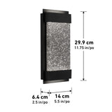Rectangular black wall sconce with a textured, glittery center panel. Dimensions shown: height 29.9 cm (11.75 in), width 14 cm (5.5 in), depth 6.4 cm (2.5 in).