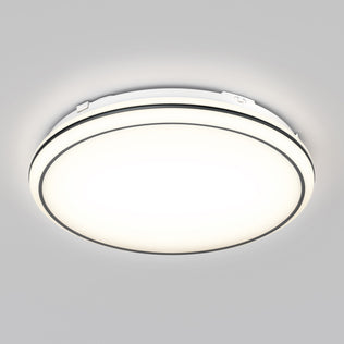 The Artika Emina 13 in. LED flush mount light features a white frosted cover, delivers 800 lumens, and is installed flush against a gray ceiling.