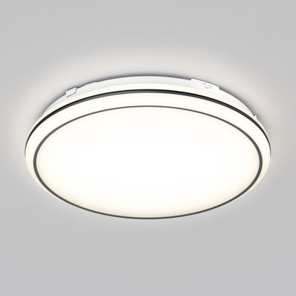 The Artika Emina 13 in. LED flush mount light features a white frosted cover, delivers 800 lumens, and is installed flush against a gray ceiling.