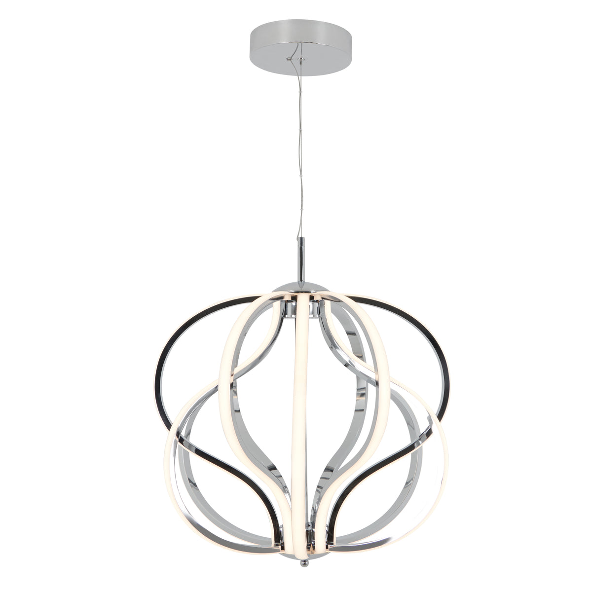 Modern LED pendant light featuring curved, intertwined strips in black, chrome, and white, suspended from a circular ceiling mount by a thin cable. The design creates an abstract, sculptural appearance.