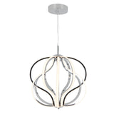Modern LED pendant light featuring curved, intertwined strips in black, chrome, and white, suspended from a circular ceiling mount by a thin cable. The design creates an abstract, sculptural appearance.